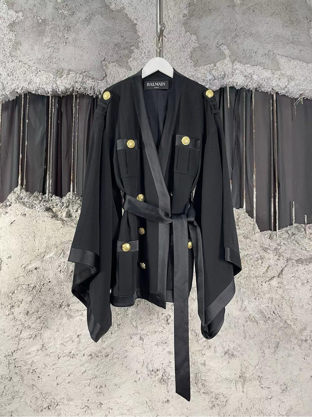 Balmain Black Satin-Trim Military Belted Jacket with Gold Buttons